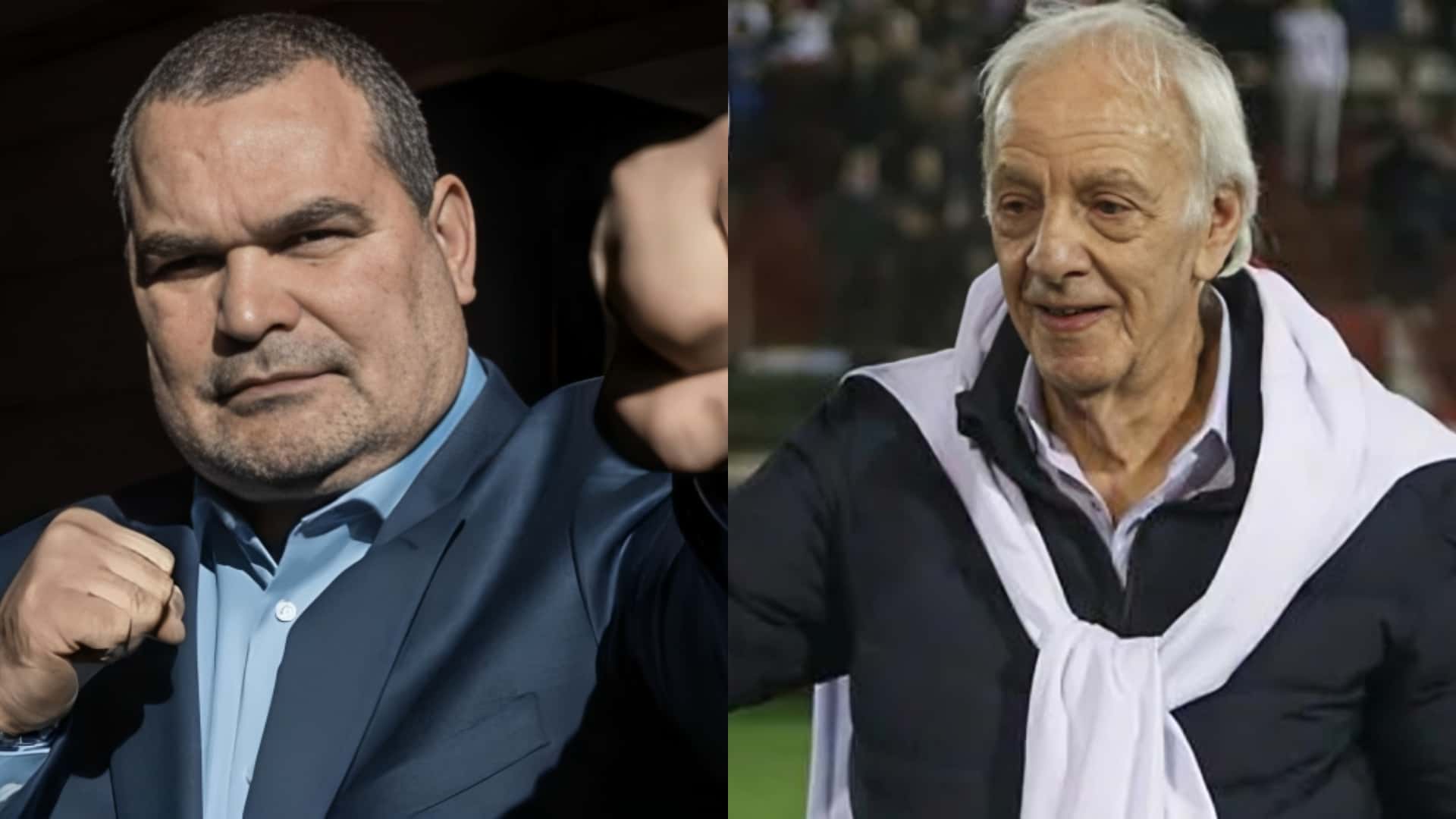 Chilavert de traje y simulando estar en guardia. A su lado, Menotti sonriendo.
