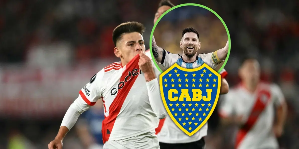 Claudio Echeverri junto a Lionel Messi y el escudo de Boca.