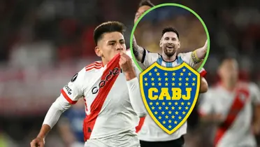 Claudio Echeverri junto a Lionel Messi y el escudo de Boca.