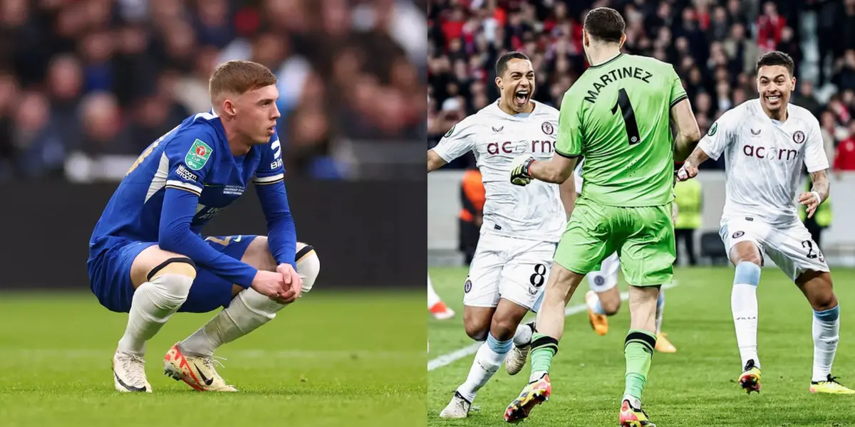 Cole Palmer agachado con la camiseta de Chelsea y Dibu Martínez bailando en Aston Villa