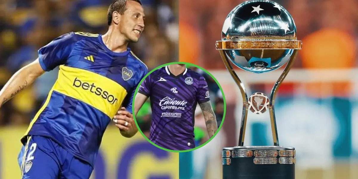 Cristian Lema con la camiseta de Boca Juniors y al lado la Copa Sudamericana.