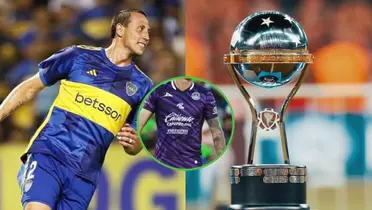 Cristian Lema con la camiseta de Boca Juniors y al lado la Copa Sudamericana.