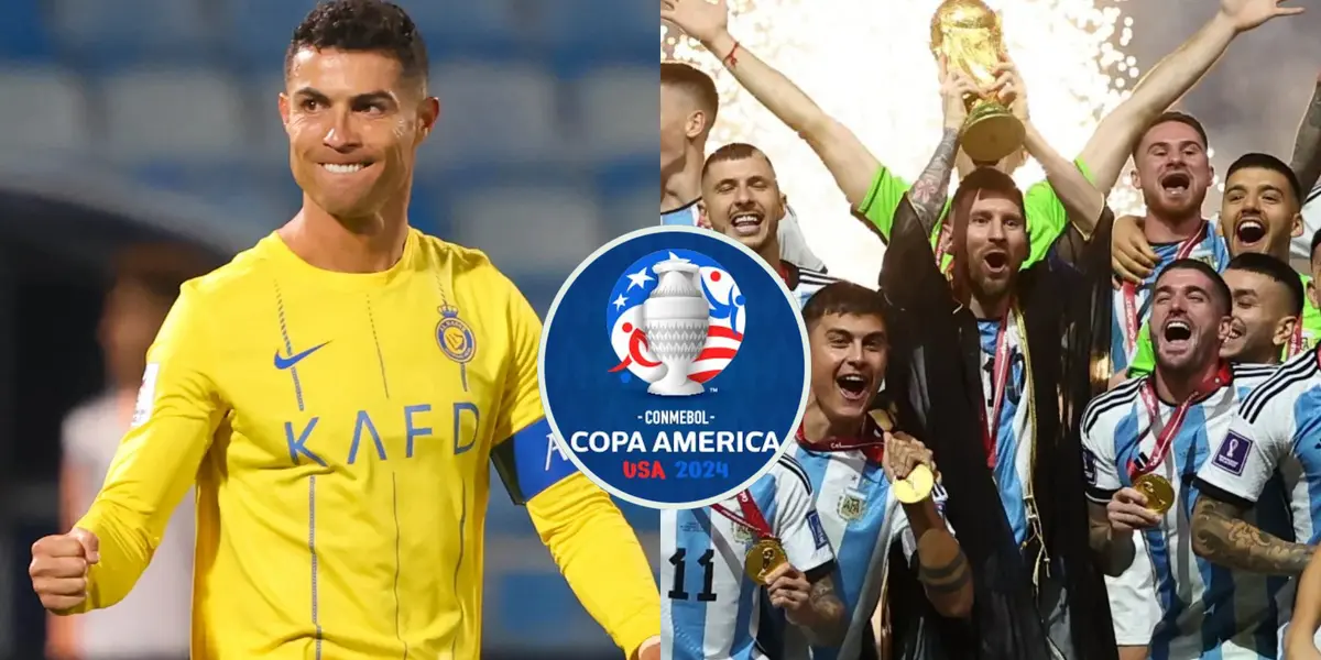 Cristiano Ronaldo aprieta el puño en Al Nassr. A su lado Lionel Messi levanta la Copa del Mundo.