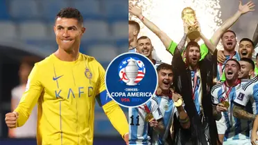 Cristiano Ronaldo aprieta el puño en Al Nassr. A su lado Lionel Messi levanta la Copa del Mundo.