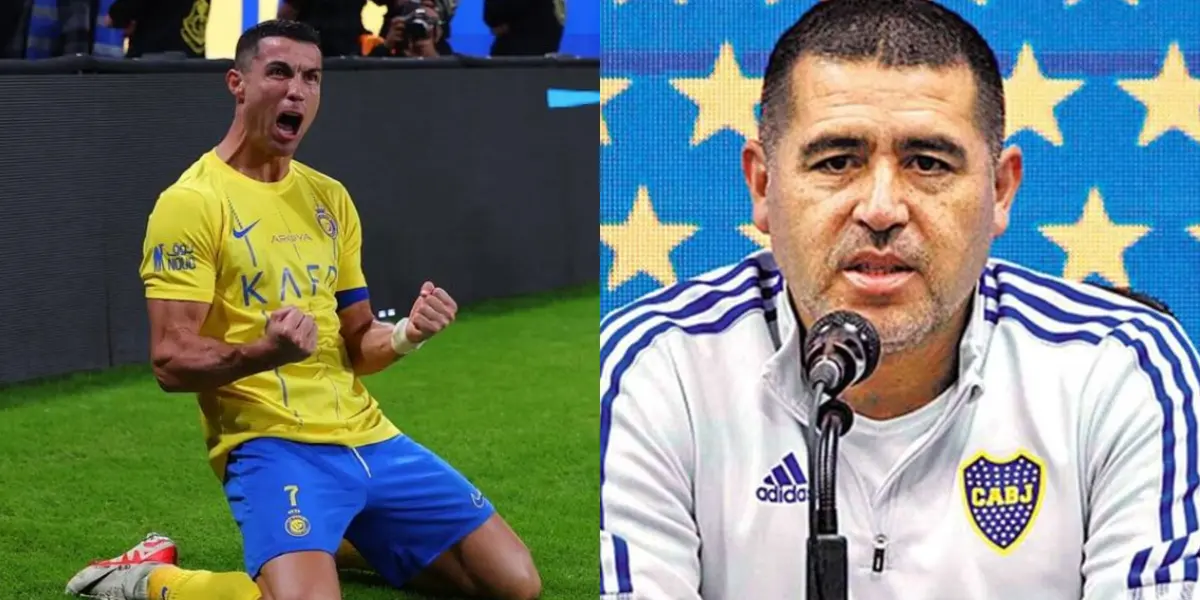 Cristiano Ronaldo gritando un gol en Al Nassr y Riquelme en conferencia de prensa.