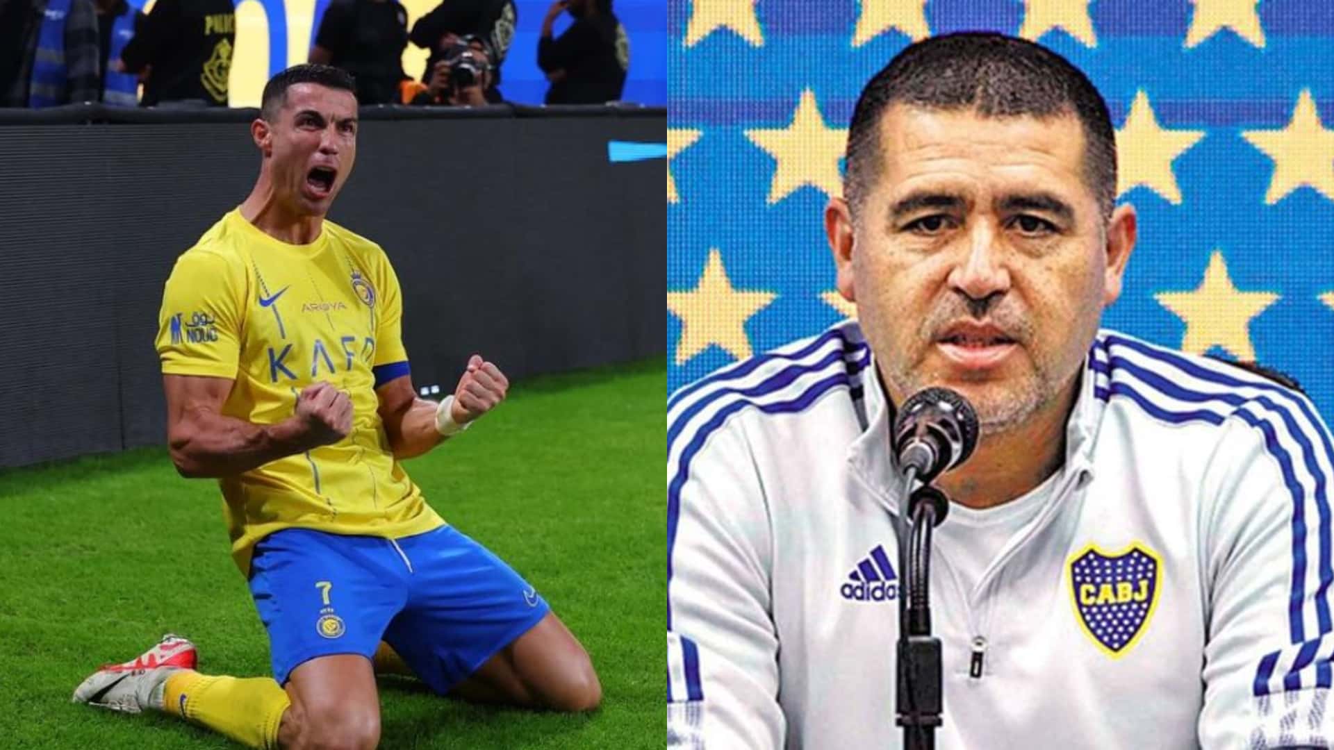 Cristiano Ronaldo gritando un gol en Al Nassr y Riquelme en conferencia de prensa.