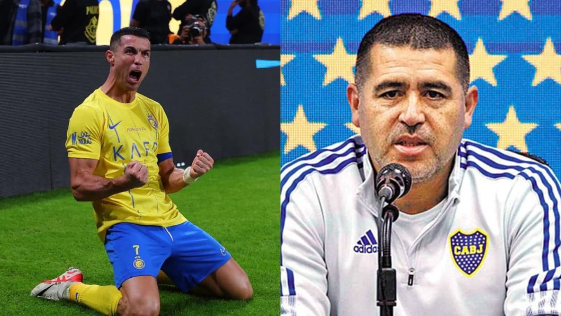 Cristiano Ronaldo gritando un gol en Al Nassr y Riquelme en conferencia de prensa.