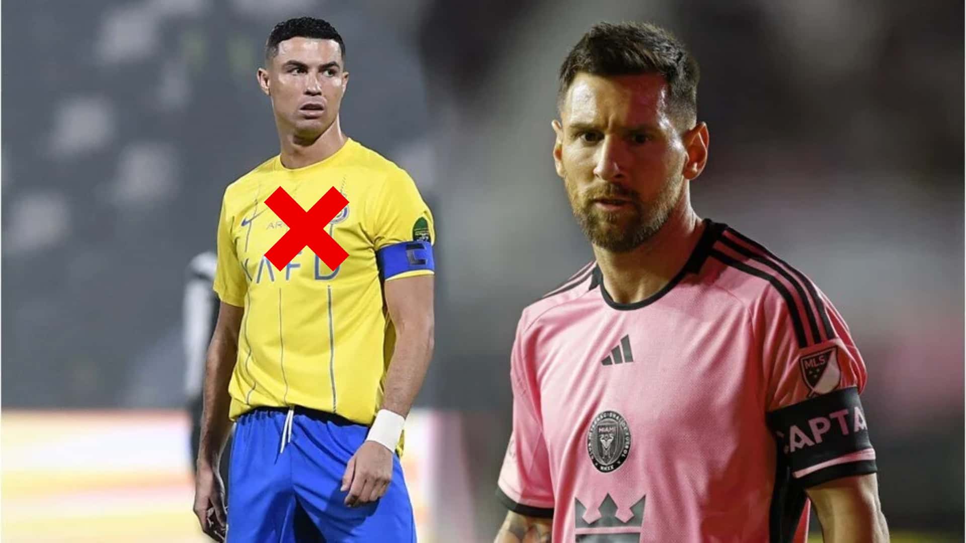 Cristiano Ronaldo y Lionel Messi con el uniforme de Al Nassr e Inter Miami, respectivamente.