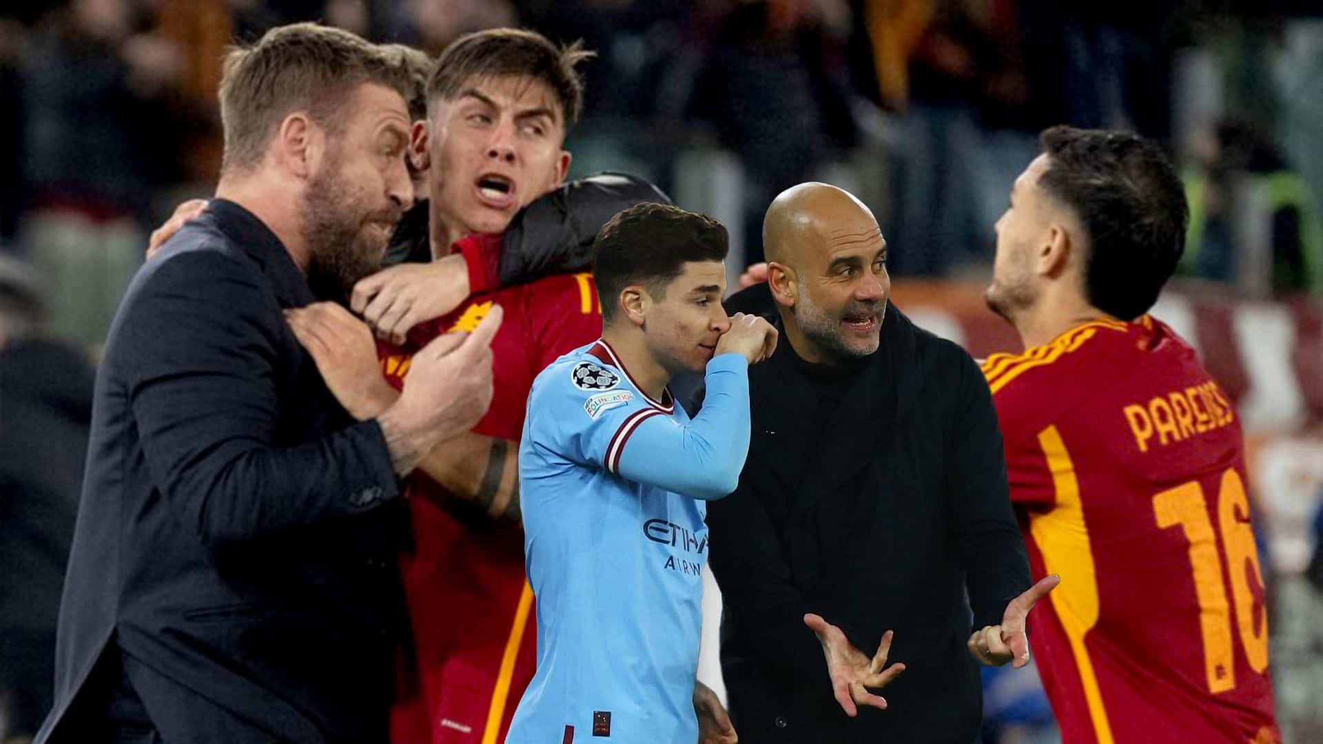 Daniele de Rossi festeja un gol de la Roma con Paulo Dybala y Leandro Paredes