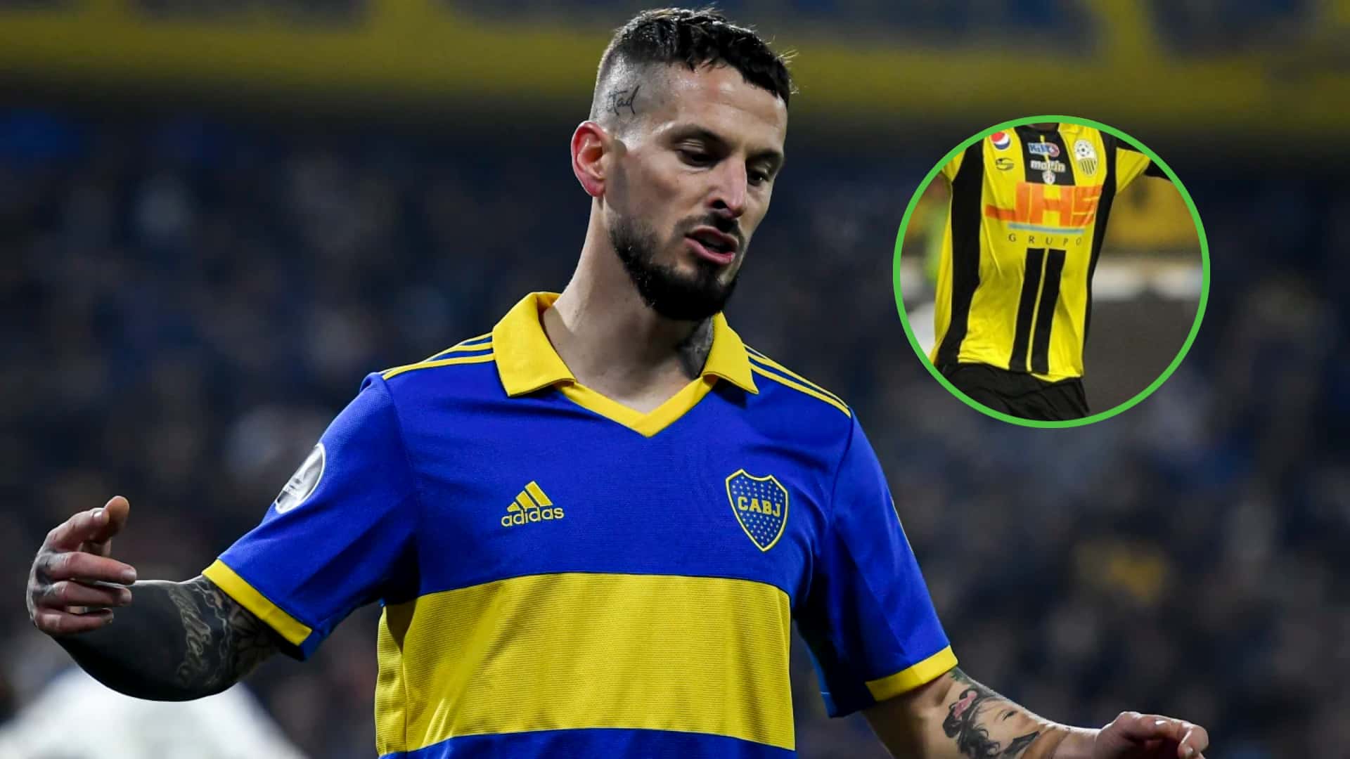 Darío Benedetto con la camiseta de Boca, y miniatura de Jan Hurtado con Deportivo Táchira.