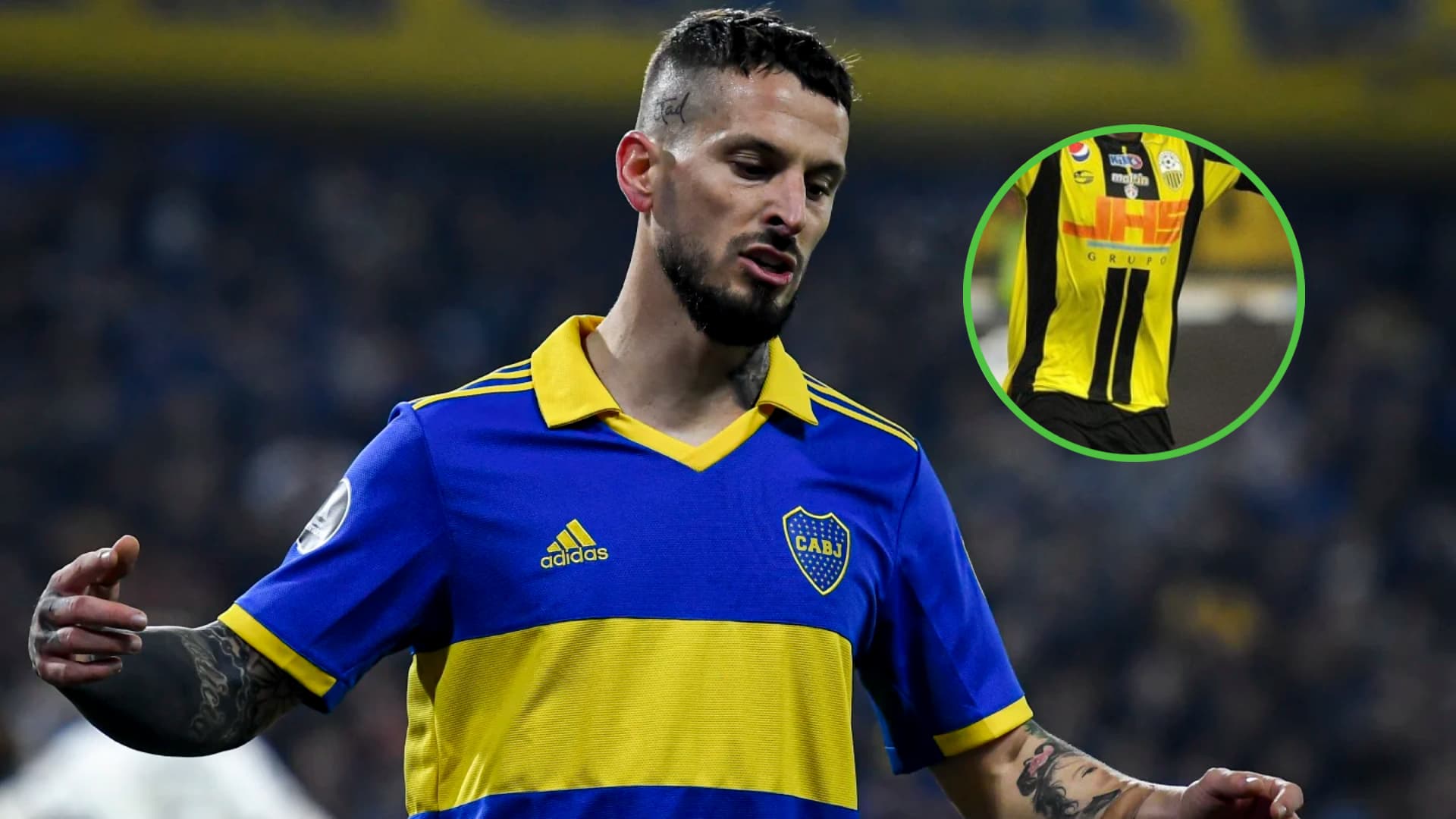 Darío Benedetto con la camiseta de Boca, y miniatura de Jan Hurtado con Deportivo Táchira.