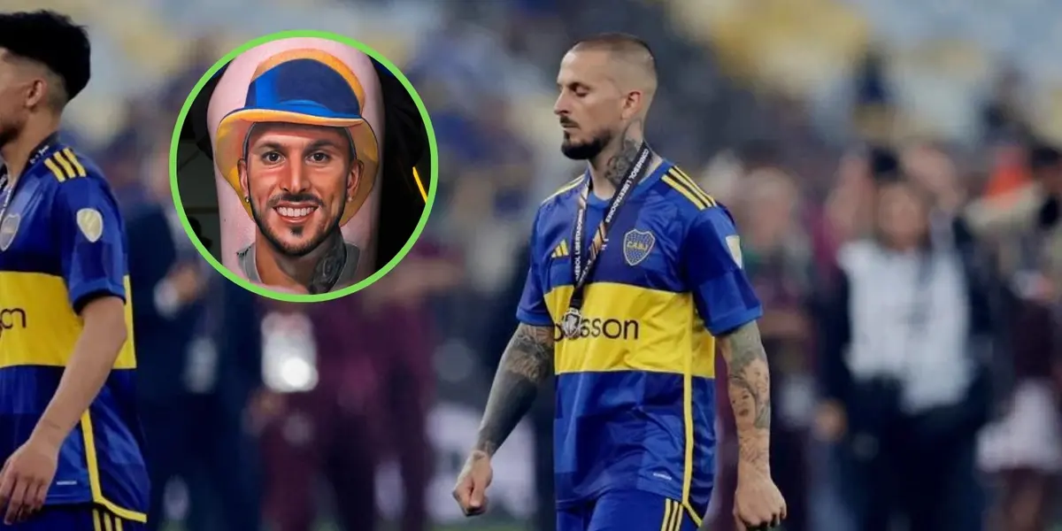 Darío Benedetto junto a un tatuaje de él.