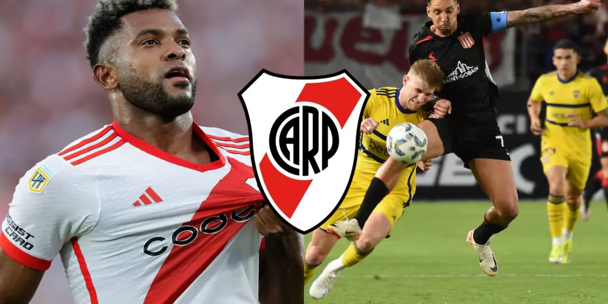 De un lado Borja toma su camiseta de River; del otro un acción de juego entre Boca y Estudiantes.