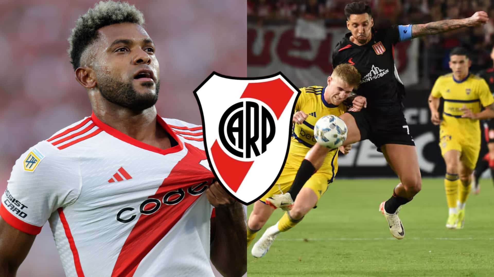 De un lado Borja toma su camiseta de River; del otro un acción de juego entre Boca y Estudiantes.