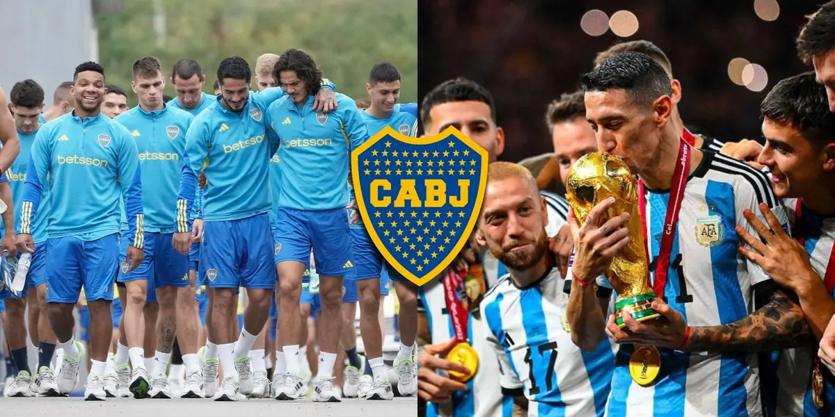 De un lado, el plantel de Boca Juniors. Del otro, Ángel Di María besa la Copa del Mundo.