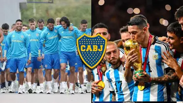 De un lado, el plantel de Boca Juniors. Del otro, Ángel Di María besa la Copa del Mundo.