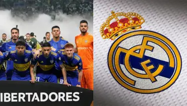 De un lado Medinay Fernández forman parte de la foto grupal, del otro el escudo de Real Madrid.