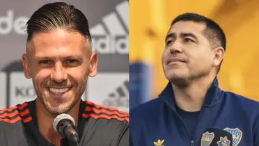 Demichelis en conferencia de prensa y Riquelme toma un micrófono de Boca.