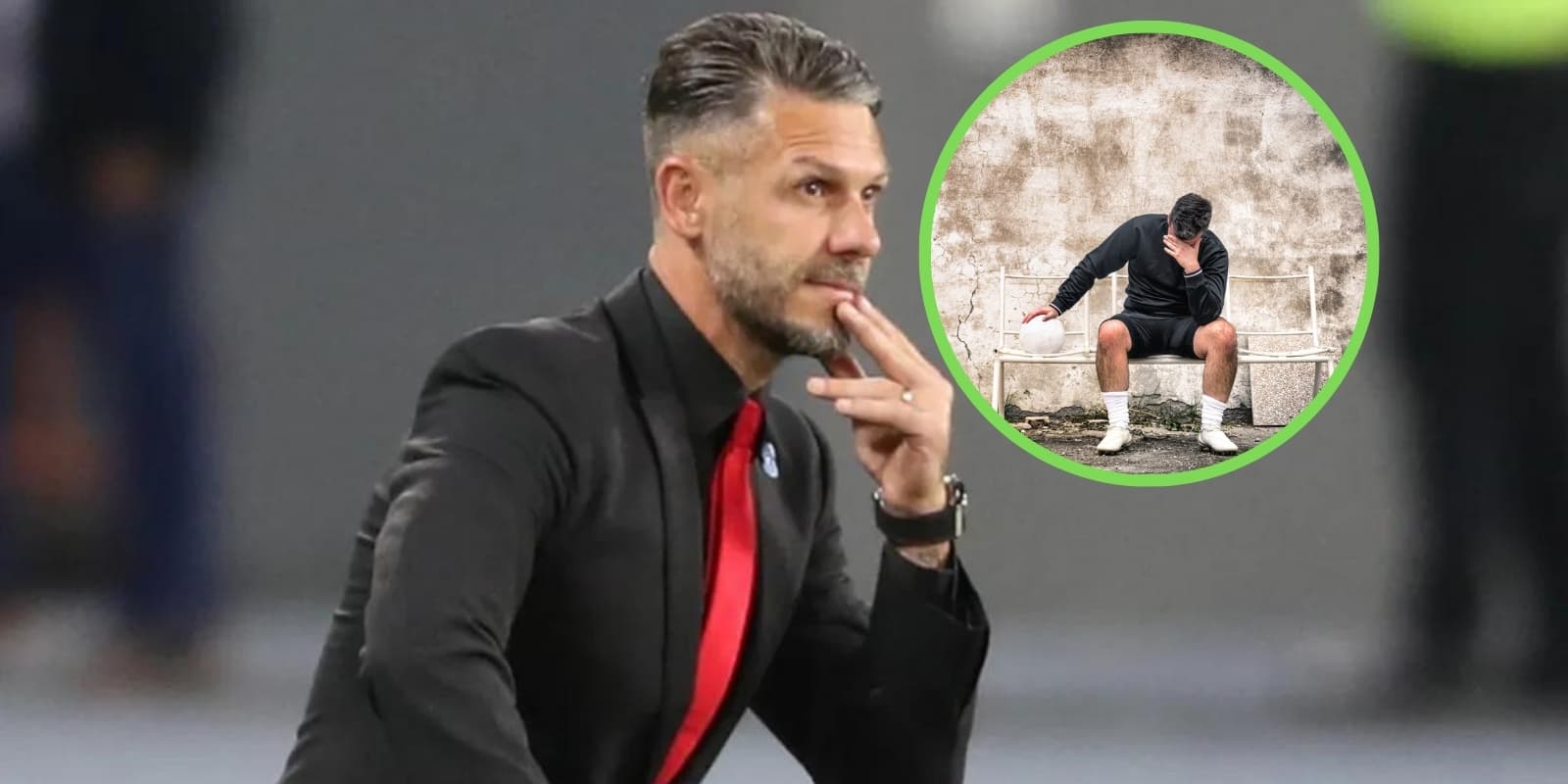 Demichelis junto a un jugador en el banco.