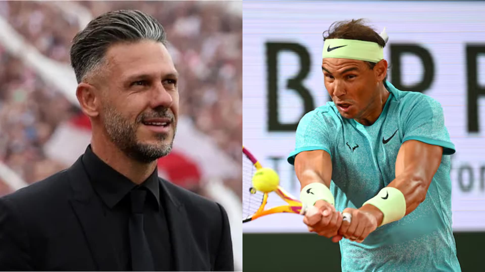 Demichelis mirando al horizonte; y Nadal en el duelo vs Zverev.