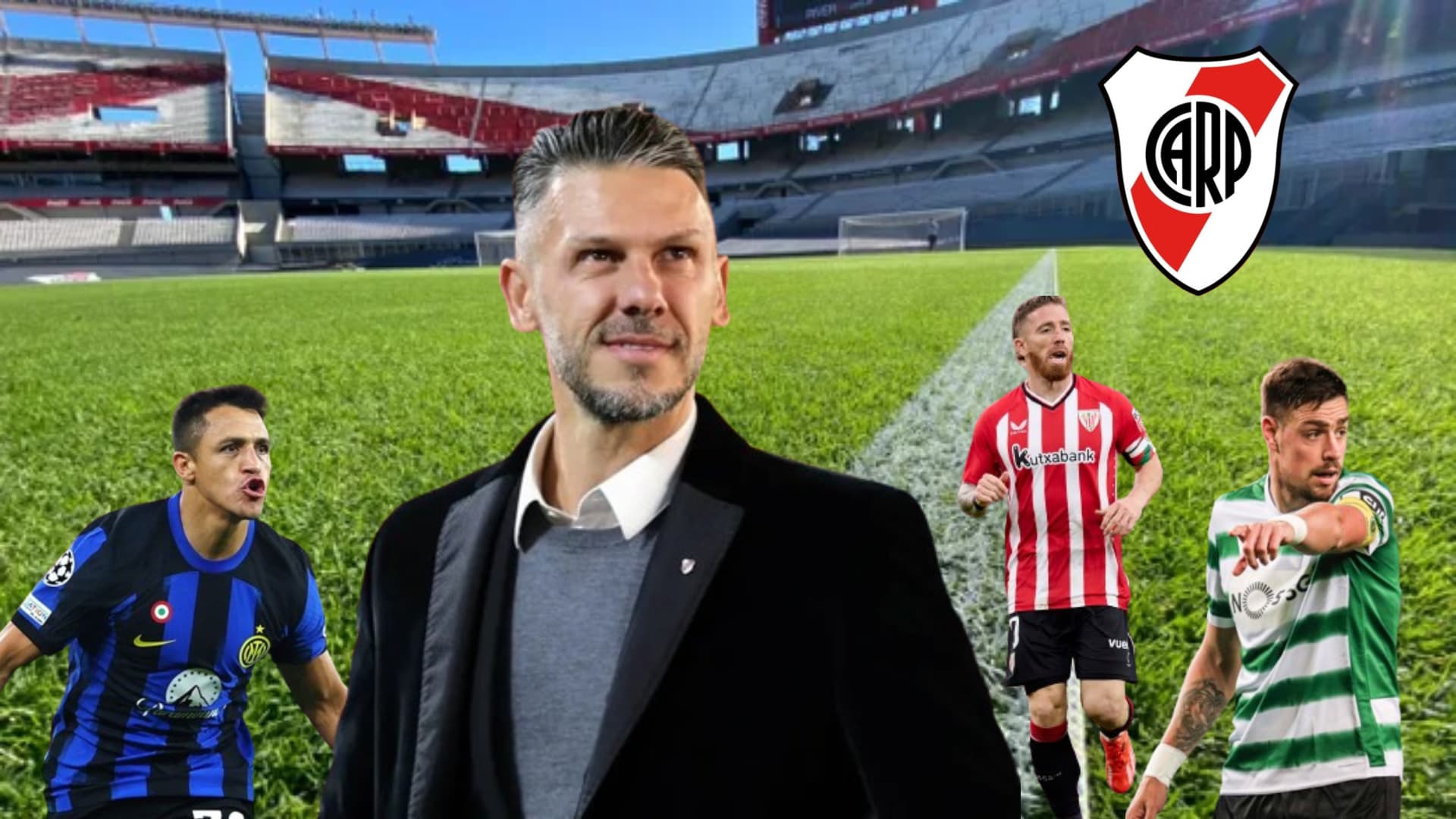 Demichelis sonriendo, rodeado por Sánchez, Muniain y Coates.