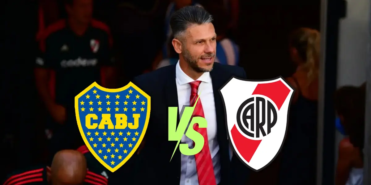 Demichelis y los escudos de Boca y de River.