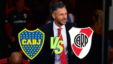 Demichelis y los escudos de Boca y de River.