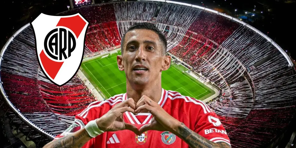 Di María festejando un gol con Benfica, y detrás el estadio Monumental.
