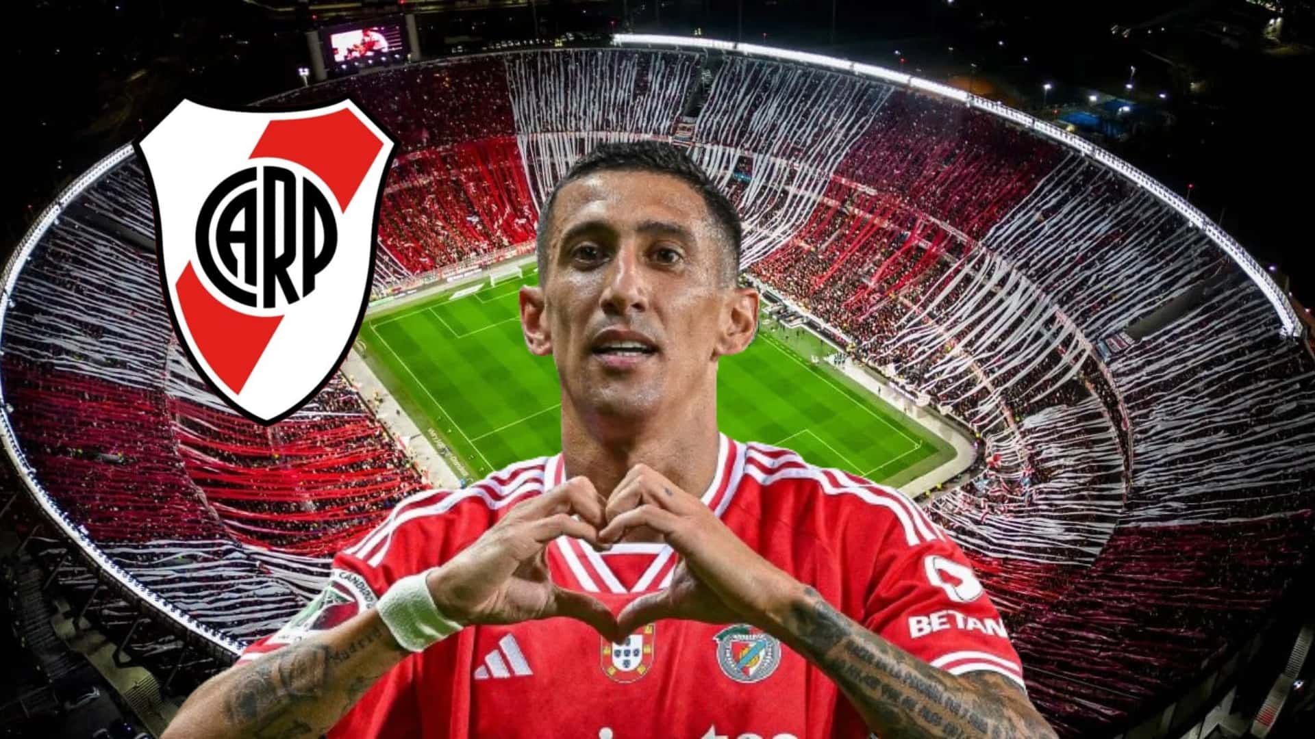 Di María festejando un gol con Benfica, y detrás el estadio Monumental.