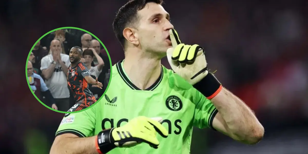 Dibu Martínez silenciando al público en Aston Villa; y en miniatura el festejo de gol de Olympiacos.