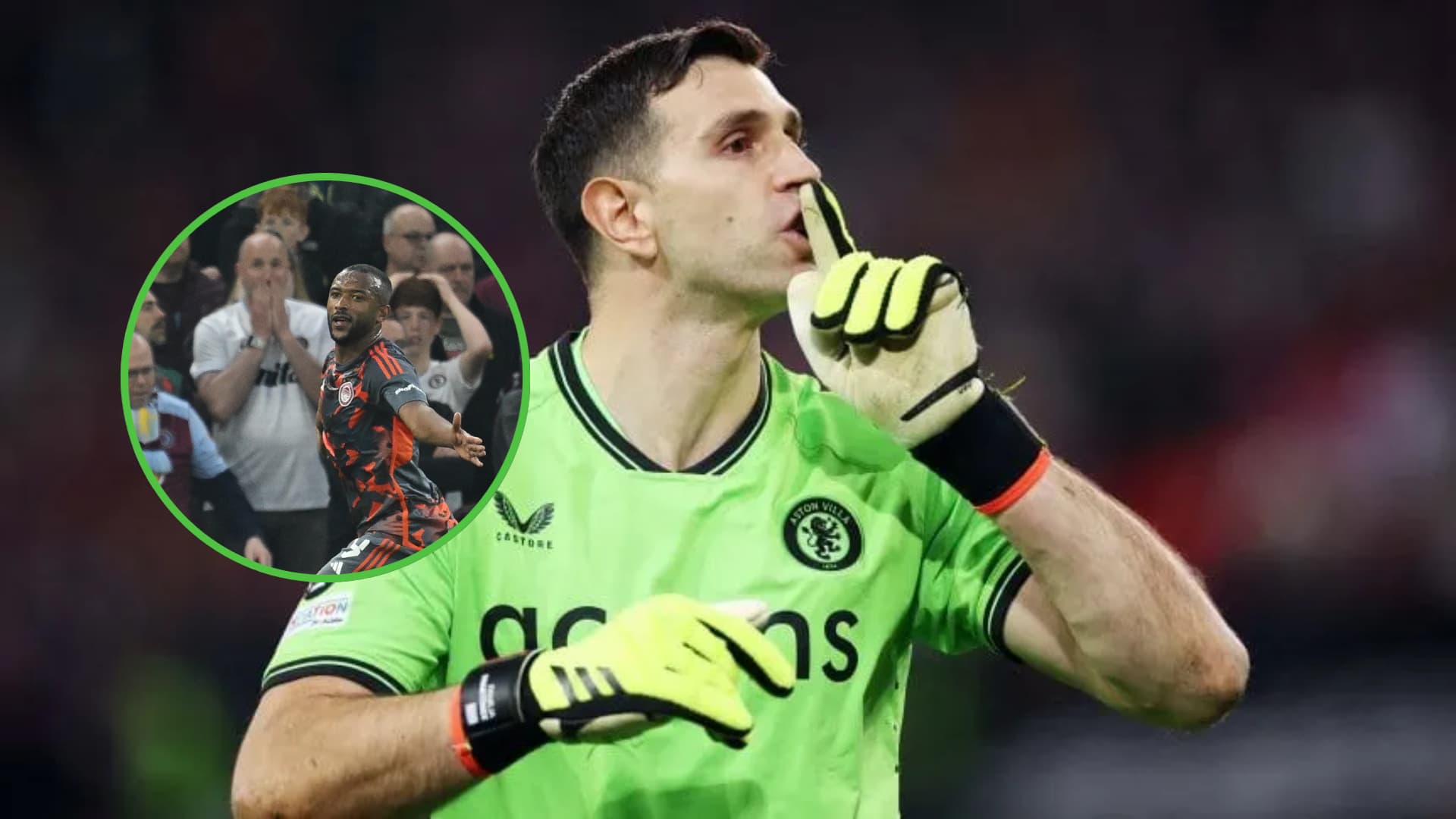 Dibu Martínez silenciando al público en Aston Villa; y en miniatura el festejo de gol de Olympiacos.