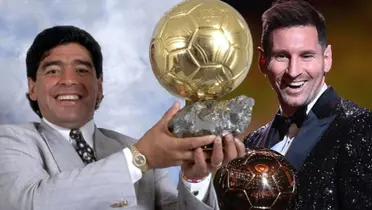 Diego Maradona y Lionel Messi posando con sus Balones de Oro.