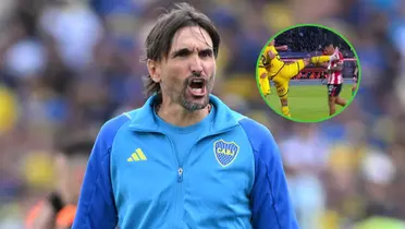 Diego Martínez dando indicaciones con el buzo de DT de Boca.