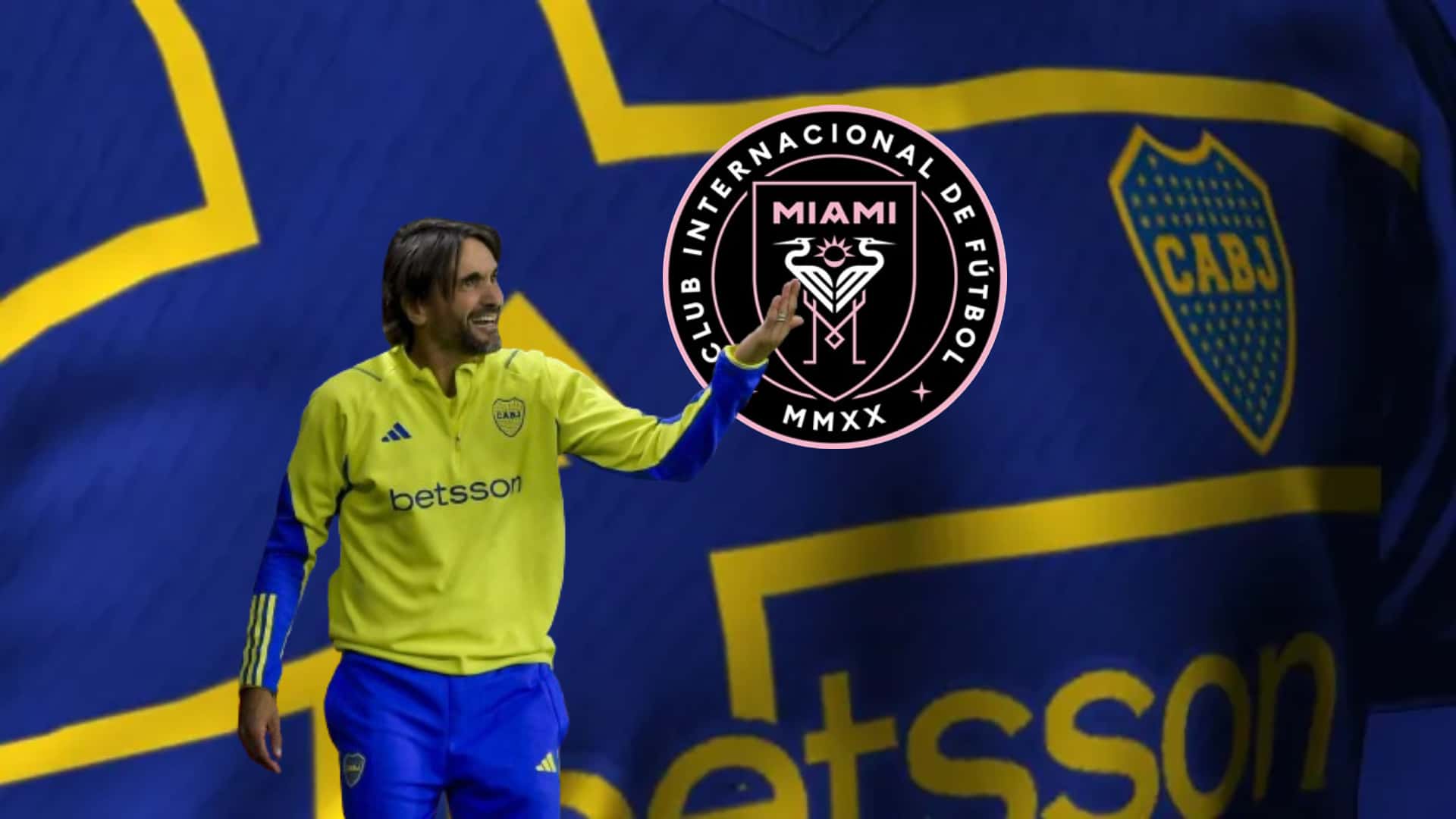 Diego Martínez dando indicaciones en Boca, y a su lado el escudo del Inter Miami.