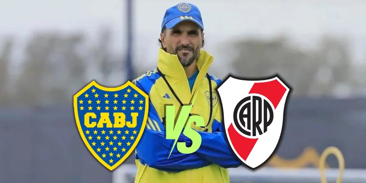 Diego Martínez junto a los escudos de Boca y de River.