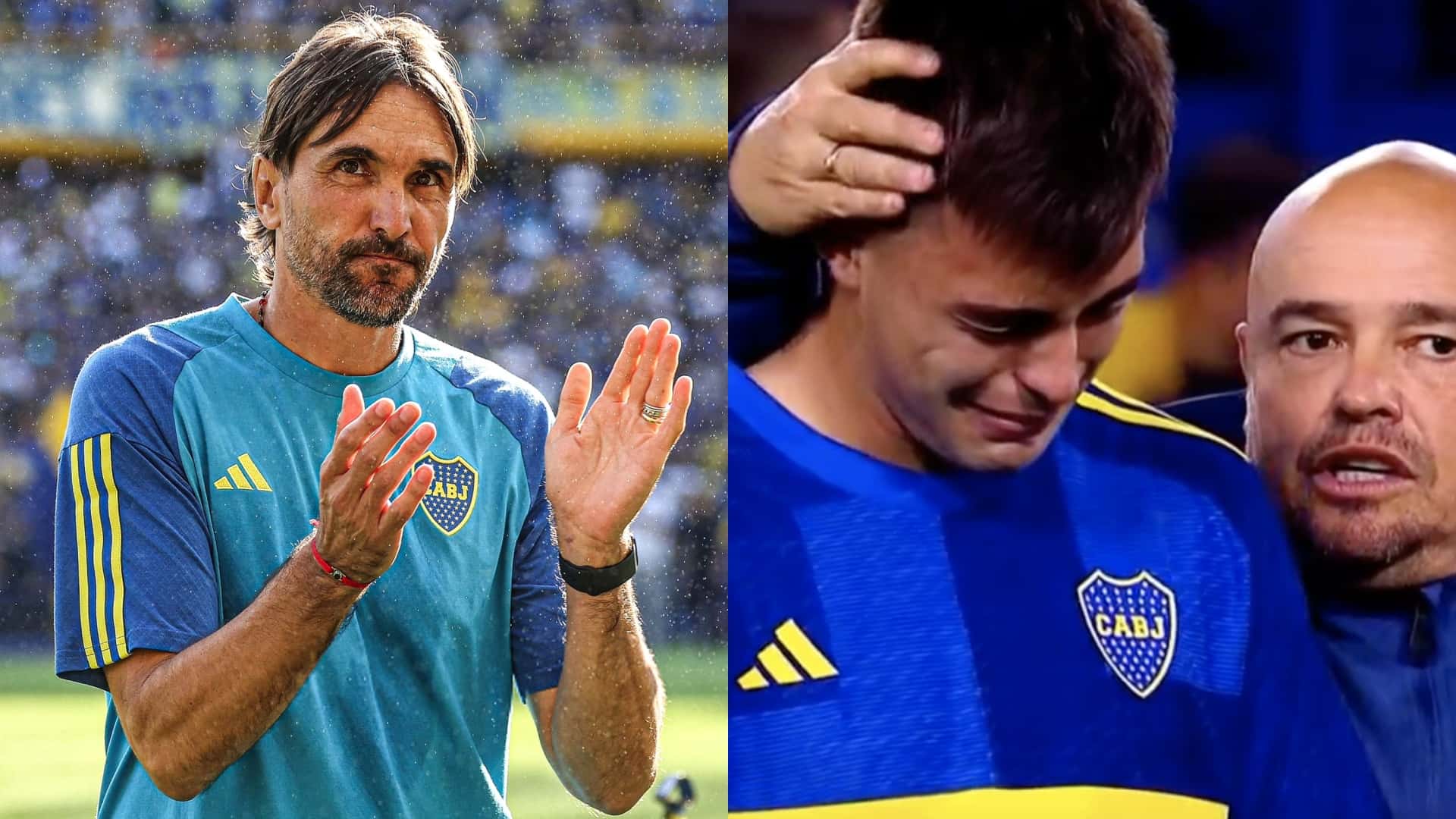 Diego Martínez y Aaron Anselmino llorando.