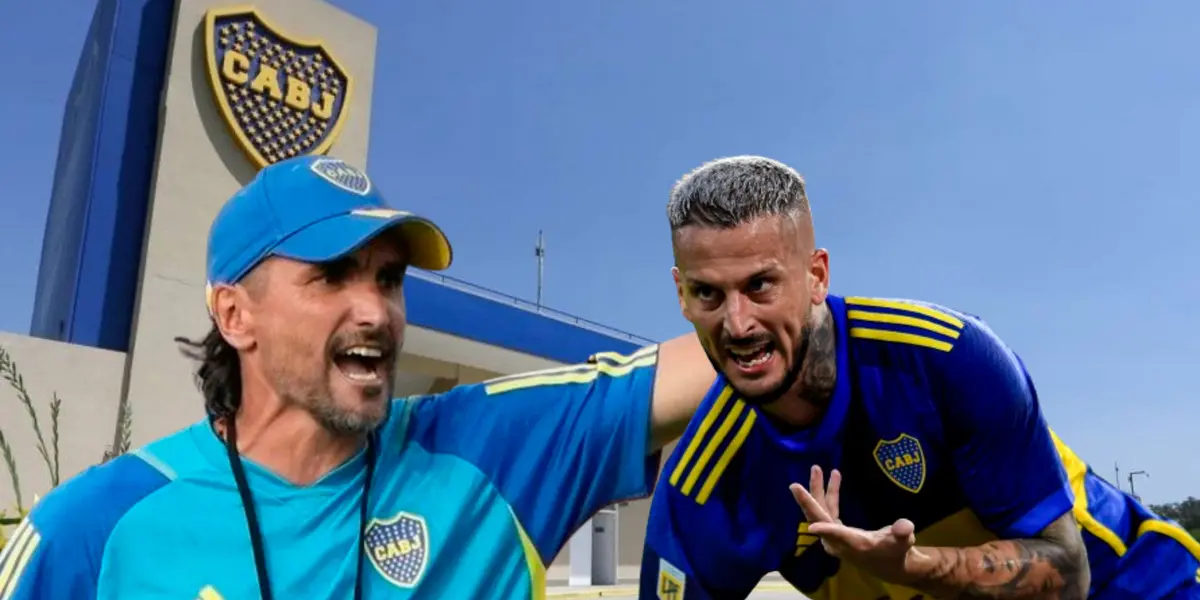 Diego Martínez y Darío Benedetto con gestos efusivos, delante del predio de Boca en Ezeiza.