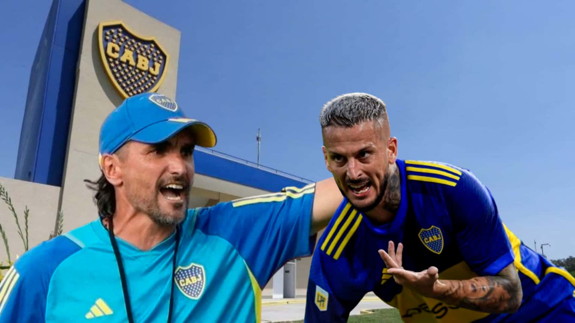 Diego Martínez y Darío Benedetto con gestos efusivos, delante del predio de Boca en Ezeiza.