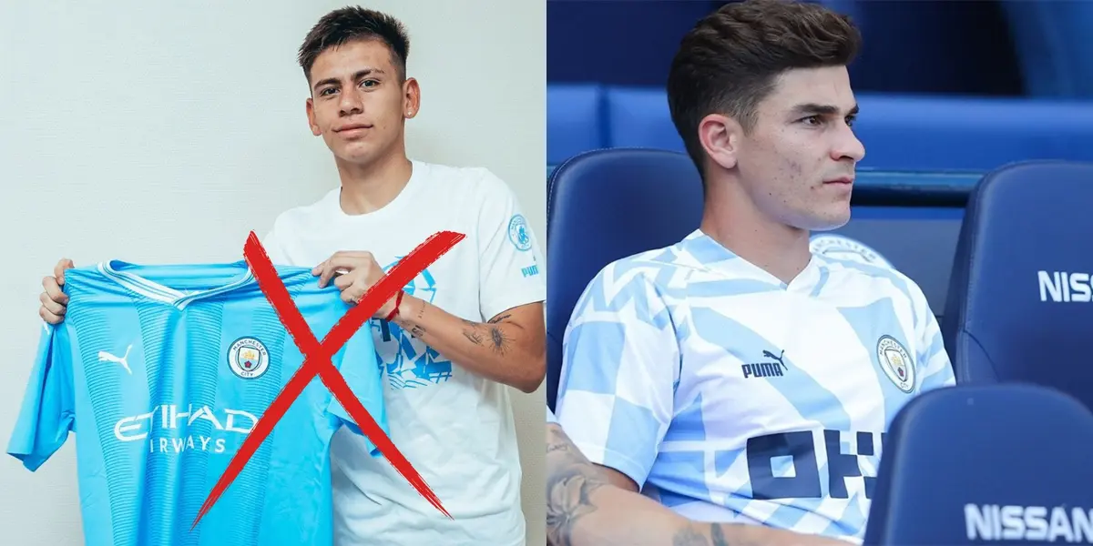 Echeverri junto a Julián Álvarez con la camiseta del Manchester City.