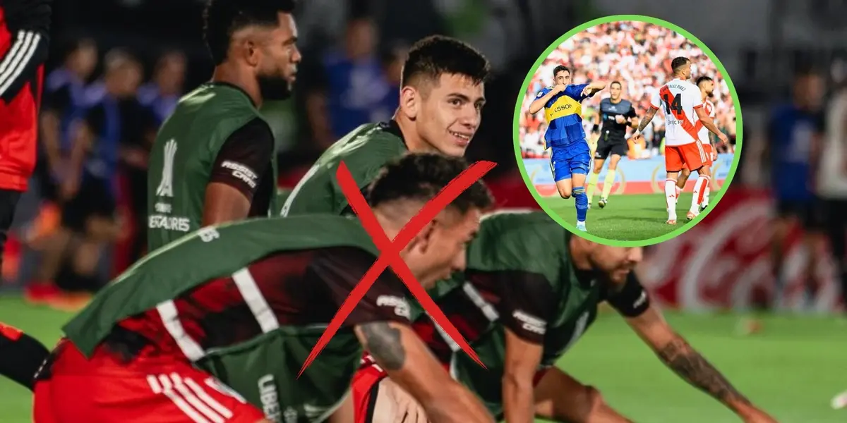 Echeverri junto a una imagen del Boca - River.