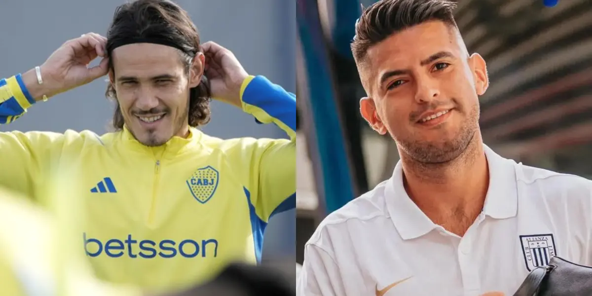Edinson Cavani se recoge el pelo con el atuendo de Boca. A su lado Carlos Zambrano en Alianza Lima.