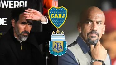 Eduardo Domínguez y Juan Sebastián Verón con cara seria