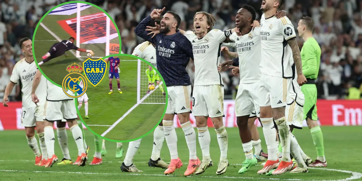 El plantel de Real Madrid festeja y salta, tras ganarle a Barcelona.