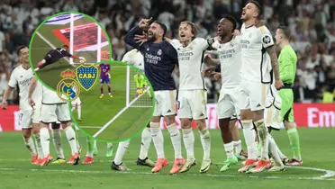 El plantel de Real Madrid festeja y salta, tras ganarle a Barcelona.