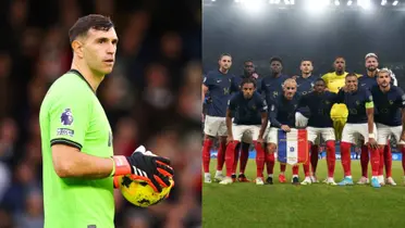 Emiliano Martínez con una pelota y la selección de Francia formada para la foto