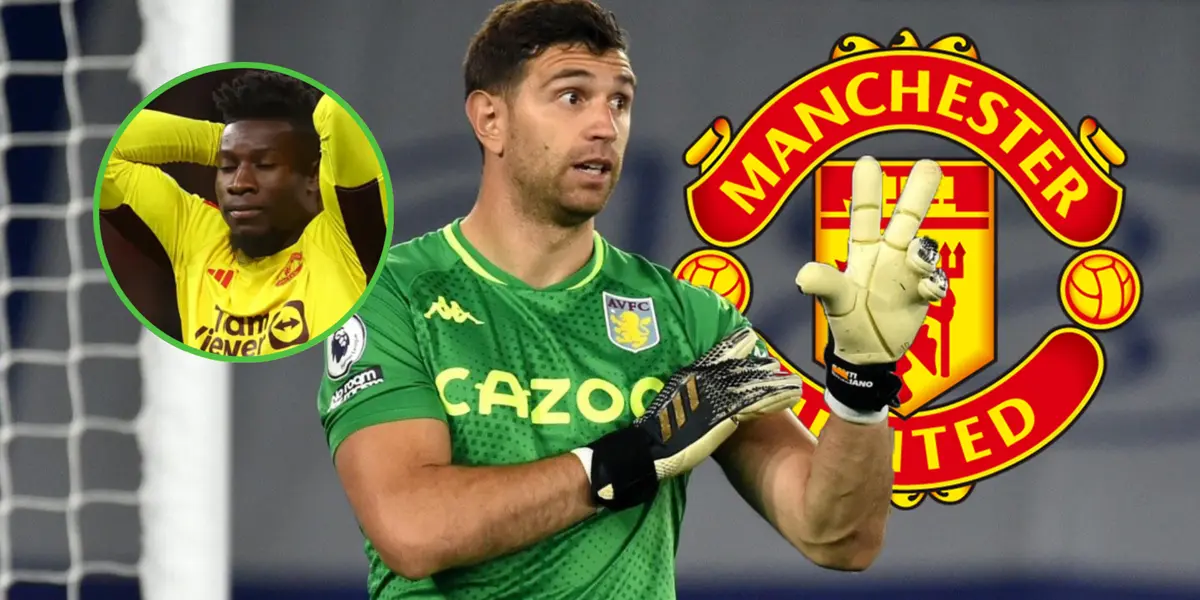 Emiliano Martínez en un partido del Aston Villa, delante del escudo de Manchester United.