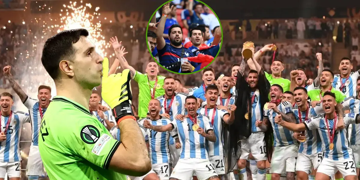 Emiliano Martínez hace el gesto de silencio y la Selección Argentina festeja el Mundial