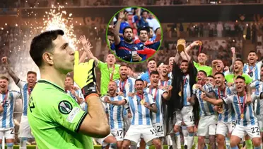 Emiliano Martínez hace el gesto de silencio y la Selección Argentina festeja el Mundial