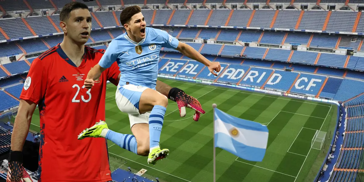 Emiliano Martínez y Julián Álvarez en el estadio Santiago Bernabéu