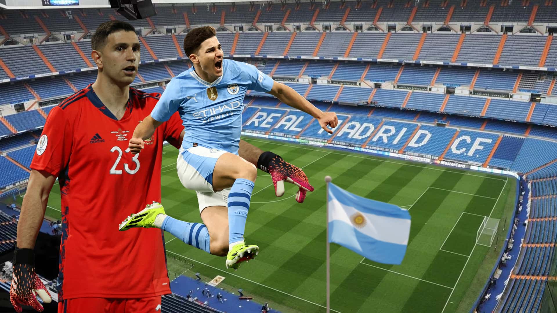 Emiliano Martínez y Julián Álvarez en el estadio Santiago Bernabéu